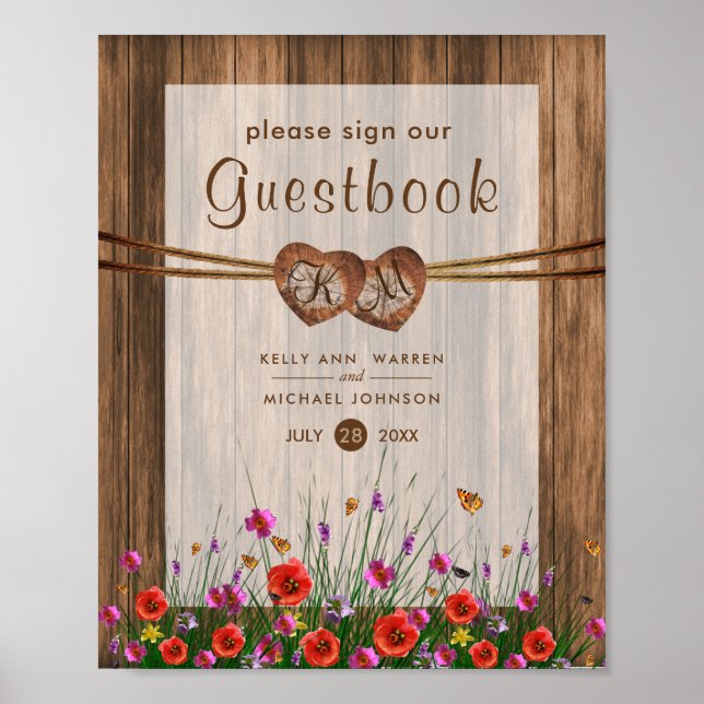 Affiches Cœurs en bois monogrammes avec fleurs sauvages (Devant)