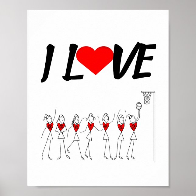 Affiches Coeurs et positions J'aime Netball (Devant)