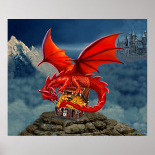 Affiches Coffre au trésor du dragon rouge volant