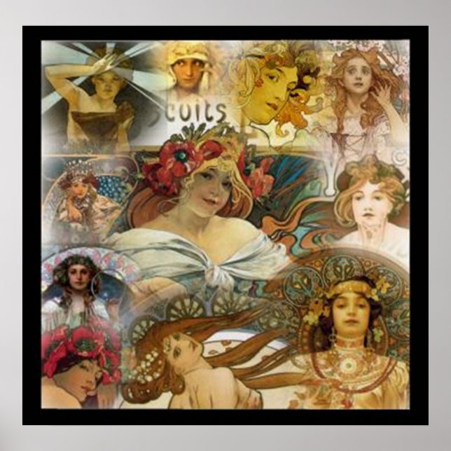 Affiches Collage de visages vintage d'Alphonse Mucha (Devant)