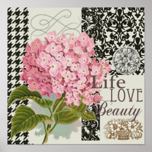 Affiches Collage d'hortensia rose chic Art damassé vintage
