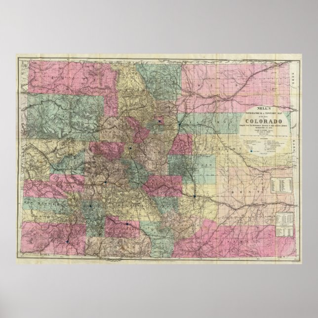 Affiches Colorado Map with Cities (1884) (Devant)