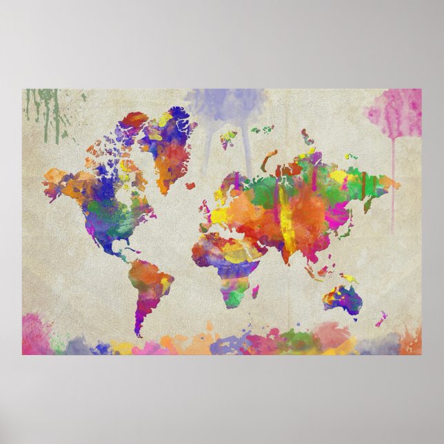 Affiches Colorful Watercolor Paint Drips World Map (Devant)