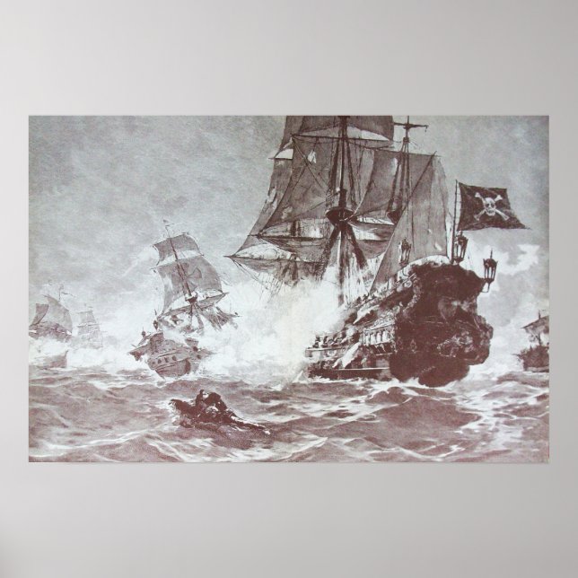 AFFICHES COMBAT DE NAVIRE PIRATE EN NOIR ET BLANC (Devant)