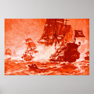 AFFICHES COMBAT DE NAVIRE PIRATE EN ROUGE