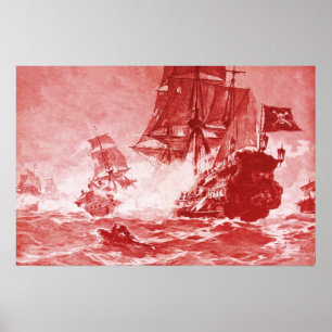 AFFICHES COMBAT DE NAVIRE PIRATE EN ROUGE ANTIQUE