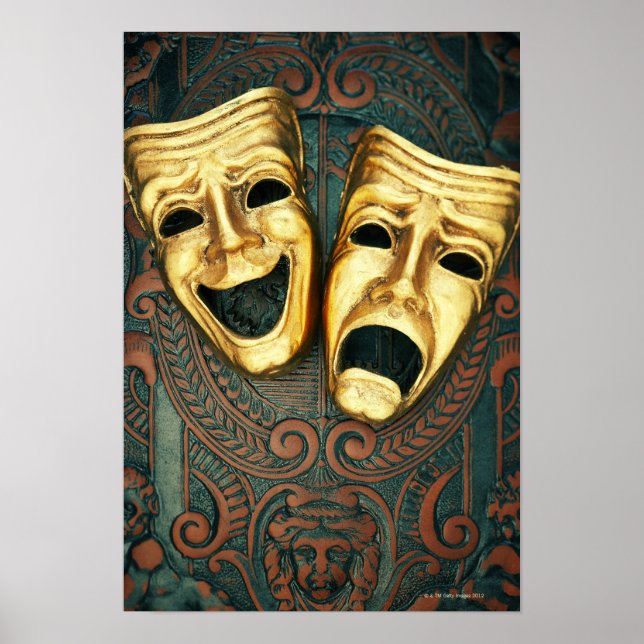 Affiches Comédie dorée et masques de tragédie sur modèle (Devant)