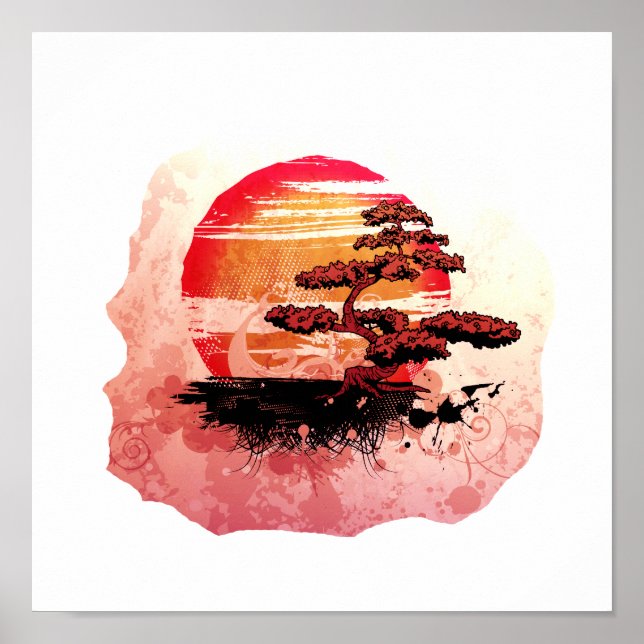Affiches Cool graphique Vintage Bonsai Version rouge (Devant)