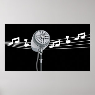 Affiches Cool Retro Mic & notes musicales Black Custom