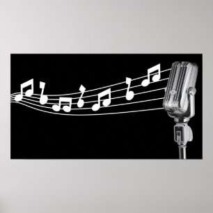 Affiches Cool Retro Mic & notes musicales Black Custom