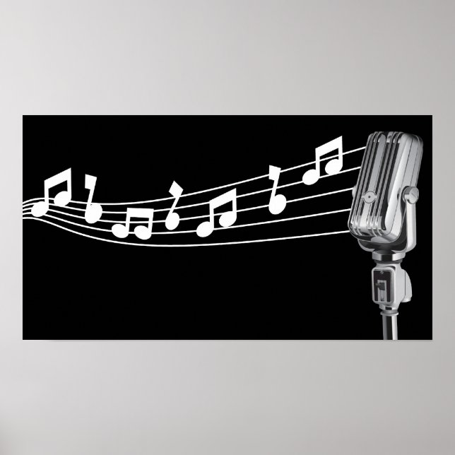 Affiches Cool Retro Mic & notes musicales Black Custom (Devant)