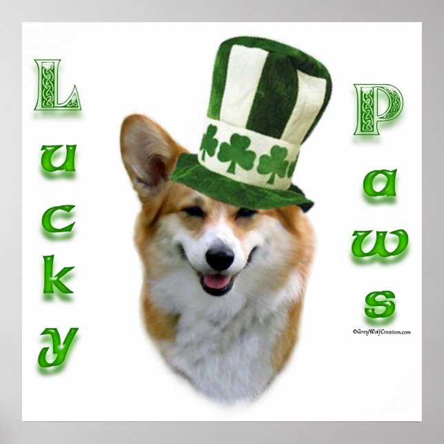 Affiches Corgi Lucky Paws; Corgi St Patrick's Day cadeau (Devant)