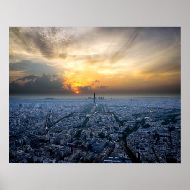 Affiches Coucher de soleil aérien de la Tour Eiffel, Paris, (Devant)