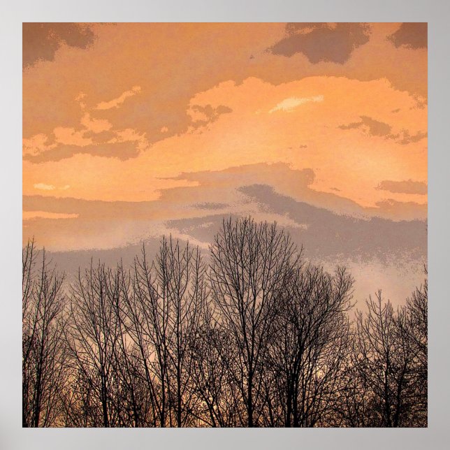 Affiches Coucher de soleil avec arbres nus (Devant)