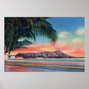 Affiches Coucher de soleil Honolulu Hawaii sur Diamond Head