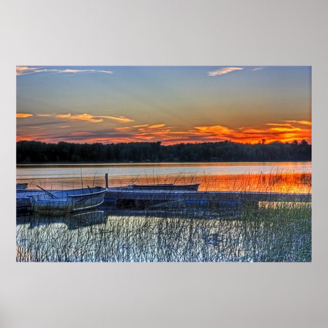 Affiches Coucher de soleil quai et bateau à roues (Devant)