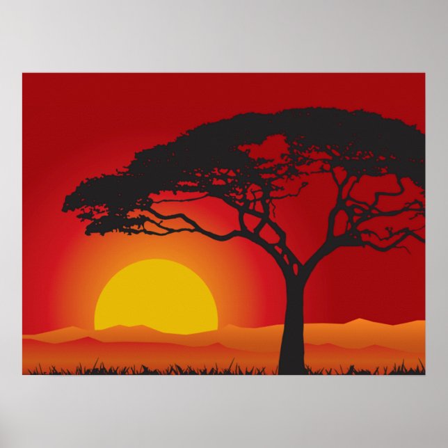 Affiches Coucher De Soleil Rouge Briliant Sous Le Bonsai Tr (Devant)