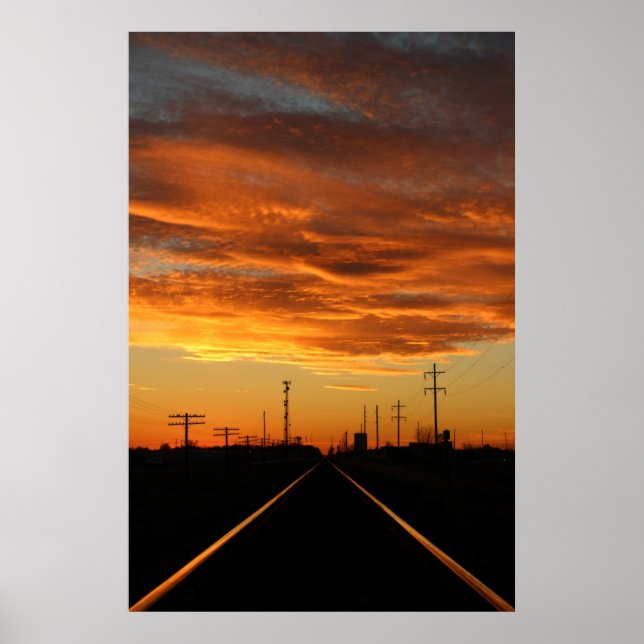 Affiches Coucher de soleil sur le chemin de fer du pays (Devant)