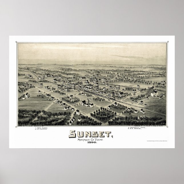 Affiches Coucher de soleil, TX Carte panoramique - 1890 (Devant)