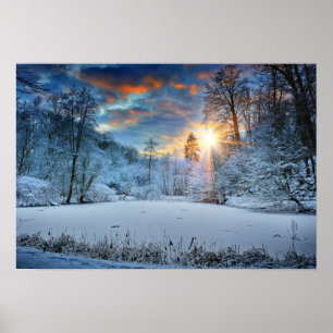 Affiches Coucher du soleil sur le lac de la forêt d'hiver