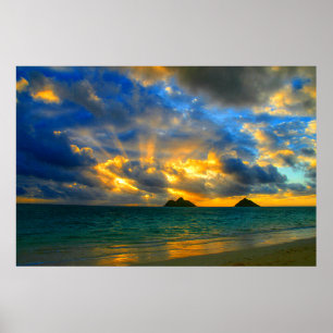Affiches Coucher du soleil tropical hawaïen d'or de plage