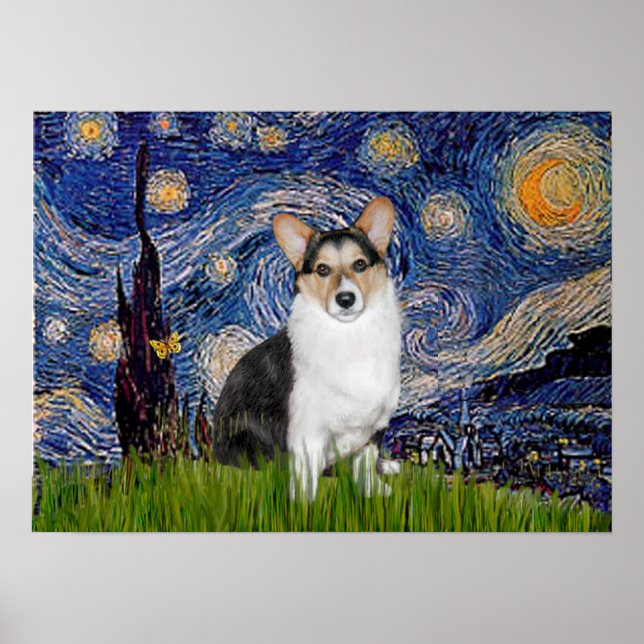 Affiches Couleur Tri Corgi gallois - Nuit étoilée (Devant)