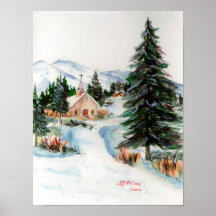Country Church in Winter Watercolor Mountain Scene