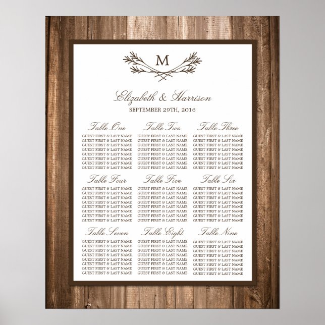 Affiches Country Rustic Monogram Branche & Mariage bois (Devant)