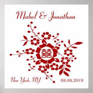 Affiches Coupes de papier floral - Double bonheur blanc