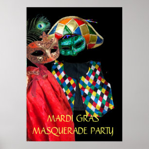 AFFICHES COUPLE DE MARDI GRAS MASQUÉ, COSTUME D'ARLEQUIN