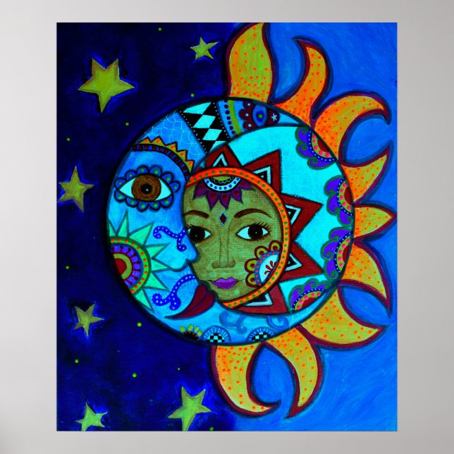 AFFICHES COUPLE DE SOLEIL ET LUNE PEINTURE WHIMSIQUE (Devant)