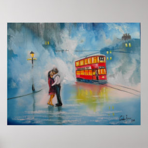 Affiches Couples de baiser de TRAM ROUGE de PARAPLUIE de