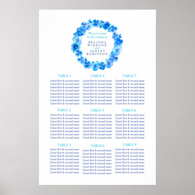 Affiches Couronne bleue aquarelle plan de table de mariage (Devant)