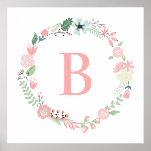 Affiches Couronne de fleurs délicate avec monogramme