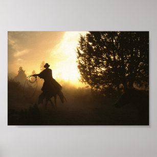 Affiches Cowboy avec Lasso au coucher du soleil