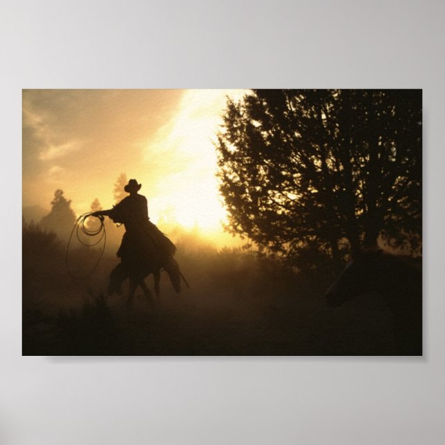 Affiches Cowboy avec Lasso au coucher du soleil (Devant)