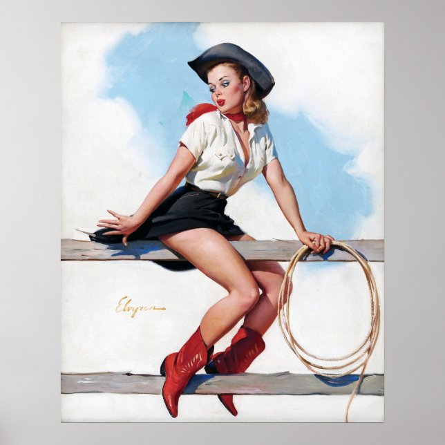 Affiches Cowgirl on Fence Vintage Pin Up (Devant)