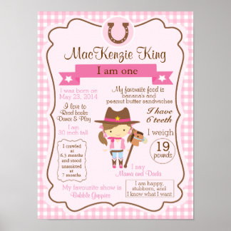 Affiches CowGirl un an signe pour votre fille d'anniversair