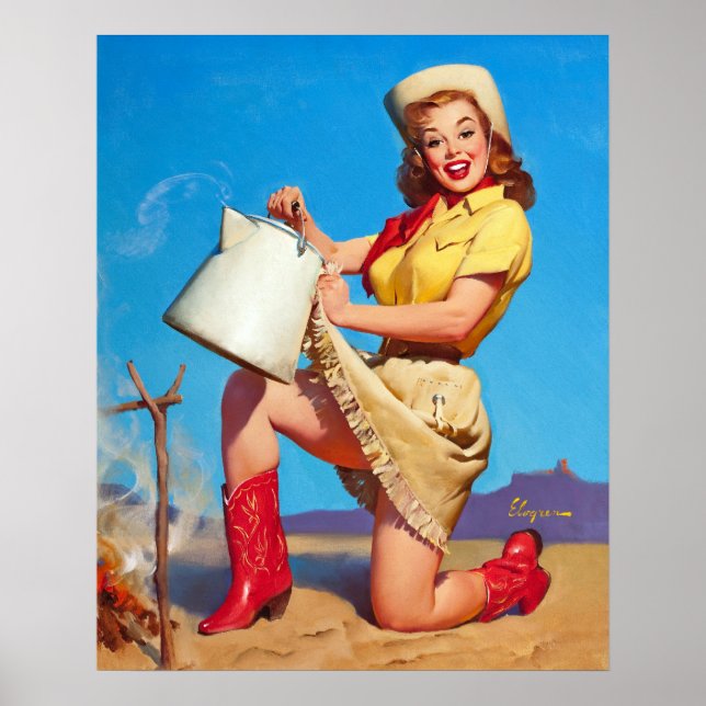 Affiches Cowgirl with Coffee Pin Up (Devant)