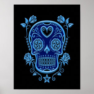 Affiches Crâne bleu de sucre avec des roses sur le noir