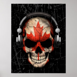 Affiches Crâne canadien rayé du DJ avec des écouteurs