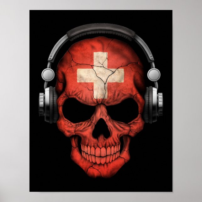 Affiches Crâne Dj suisse personnalisable avec casque (Devant)