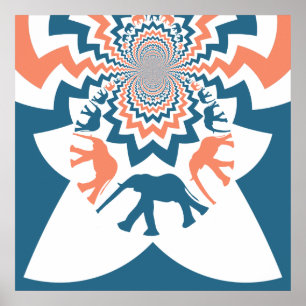 Affiches Crazy Walking Elephants Coral Blue Chevron Motif