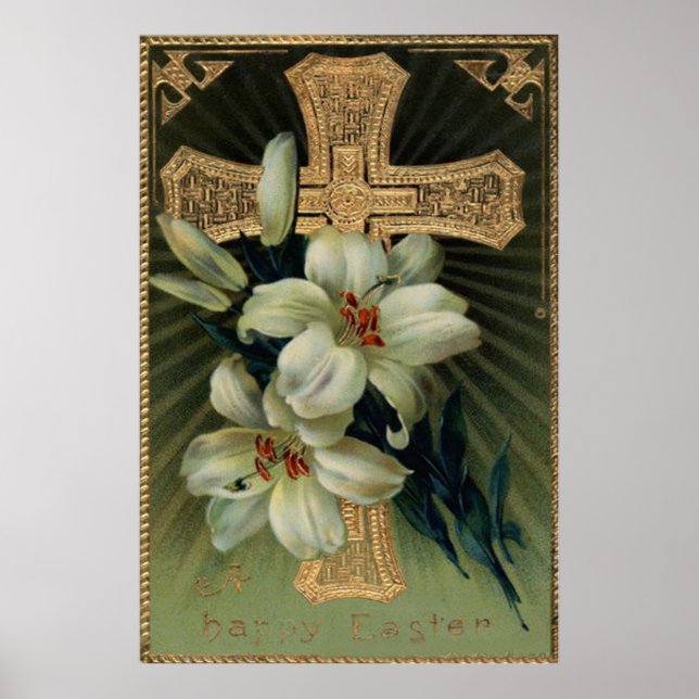 Affiches Croix chrétienne en or Lys de Pâques (Devant)