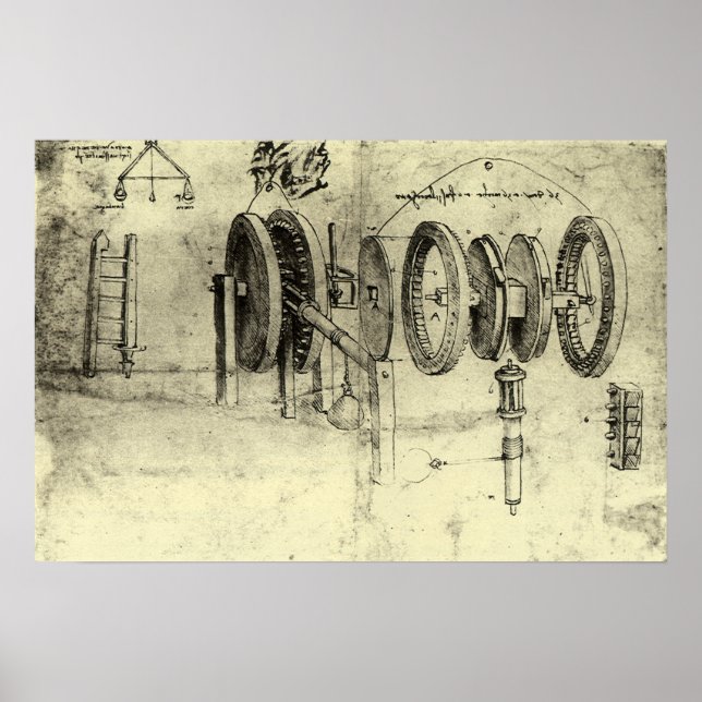 Affiches Croquis d'ingénierie d'une roue par Léonard de Vin (Devant)