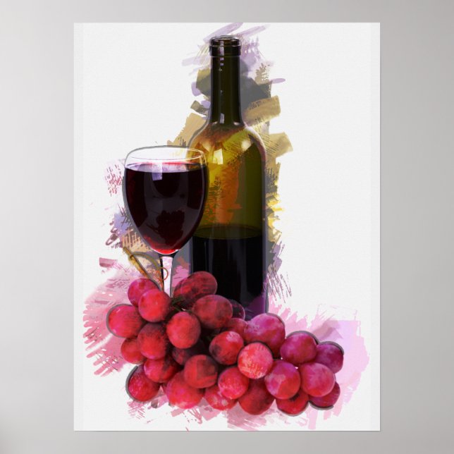 Affiches Croquis Marqueur, Verre à vin, Bouteille, Raisins (Devant)