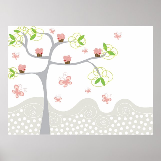 Affiches Cupcakes Whimsical Tree Butterflies Sweet Birthday (Devant)