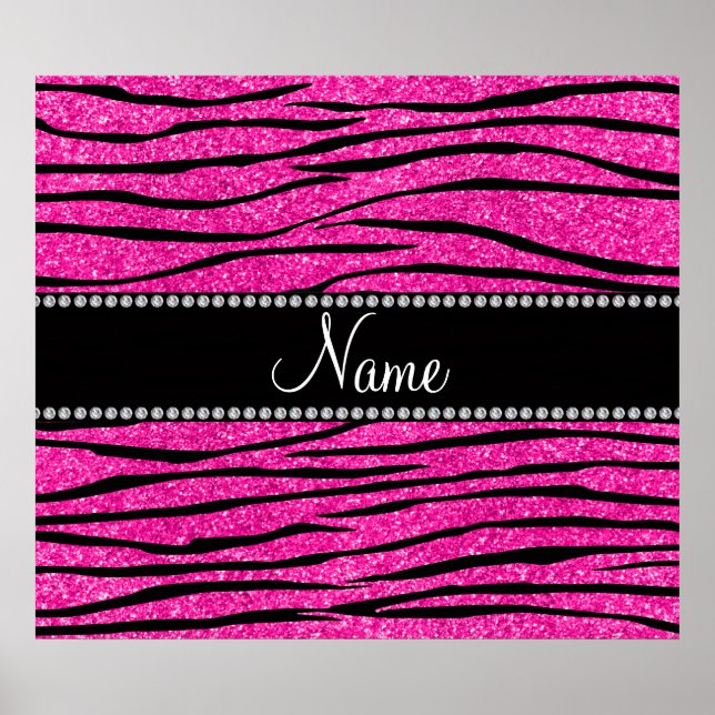 Affiches Custom name neon hot pink glitter zebra stripes (Devant)