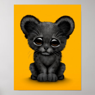 Affiches Cute Baby Black Panther Cub sur Jaune