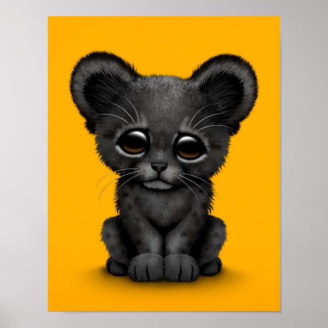 Affiches Cute Baby Black Panther Cub sur Jaune (Devant)